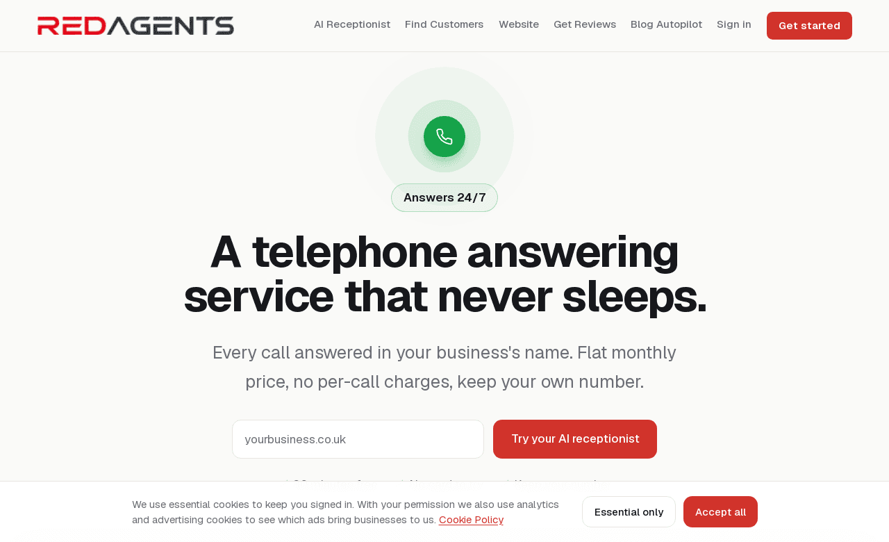 The RedAgents telephone answering service page.