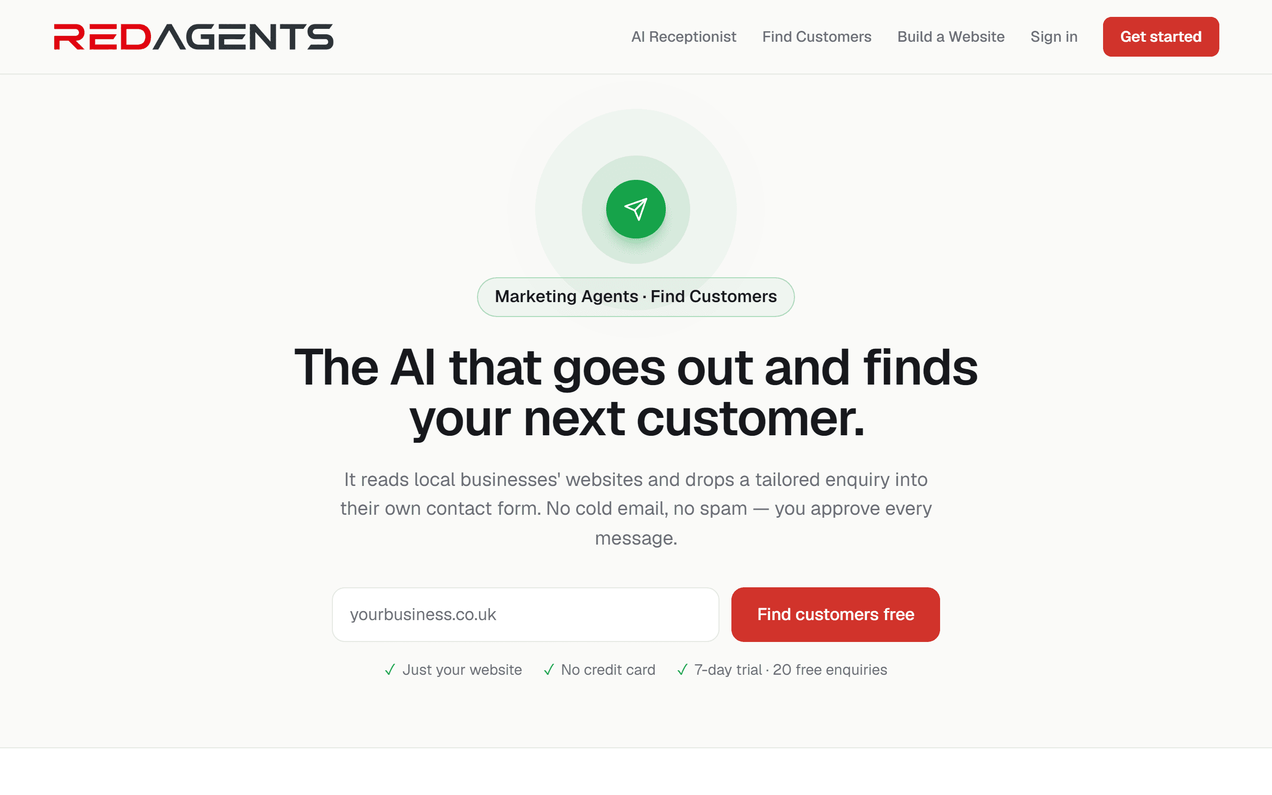 The RedAgents Find Customers page: 'The AI that goes out and finds your next customer.'
