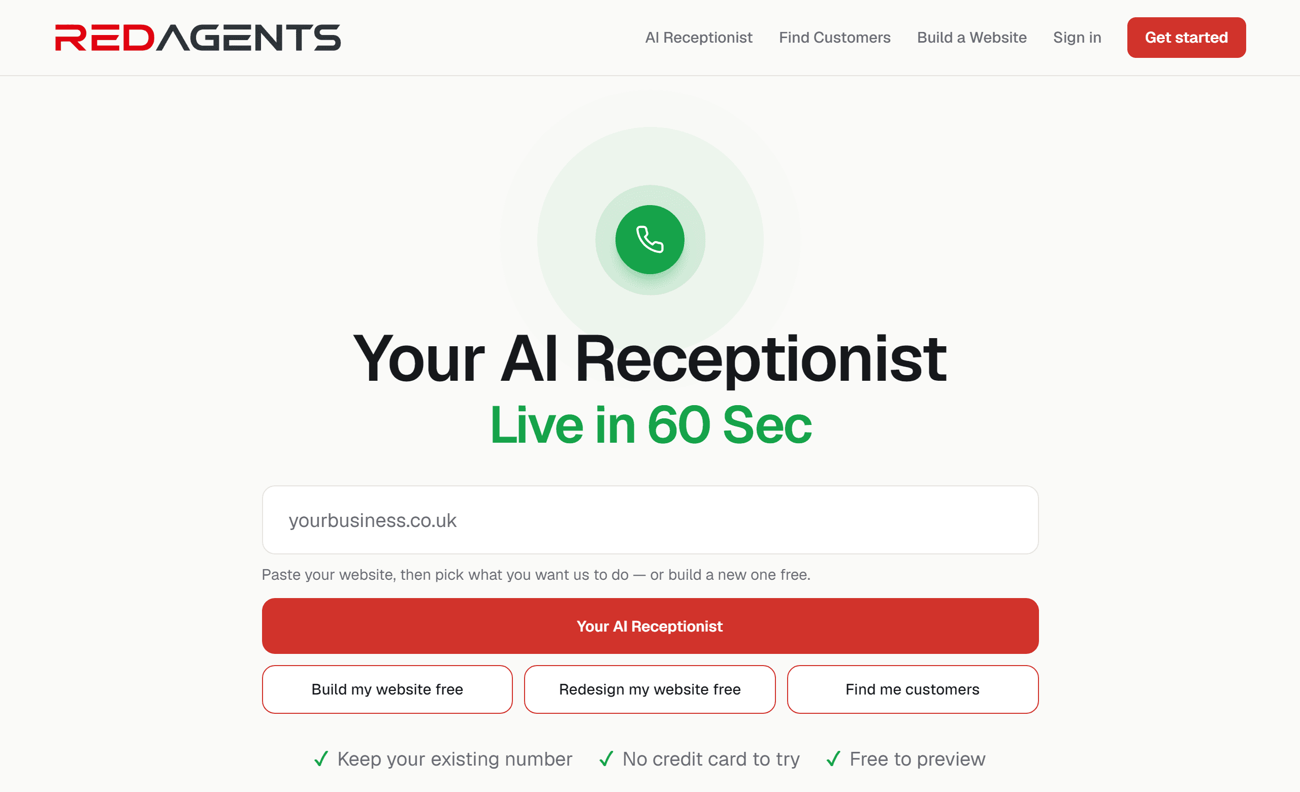 The RedAgents homepage, showing 'Your AI Receptionist, live in 60 sec' with a box to paste your website.