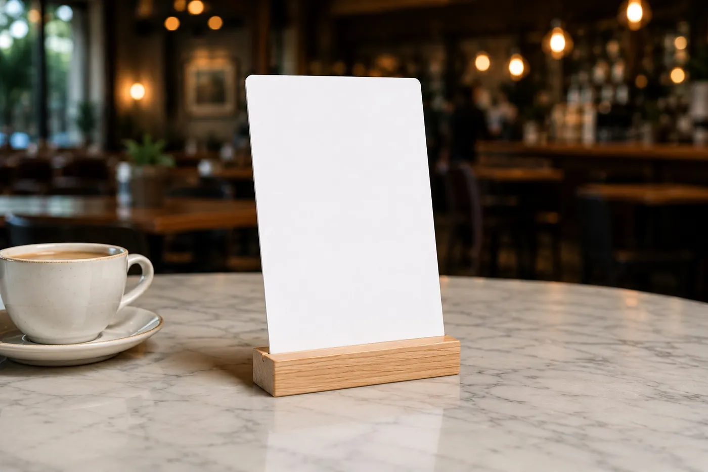 The review card standing on a café table