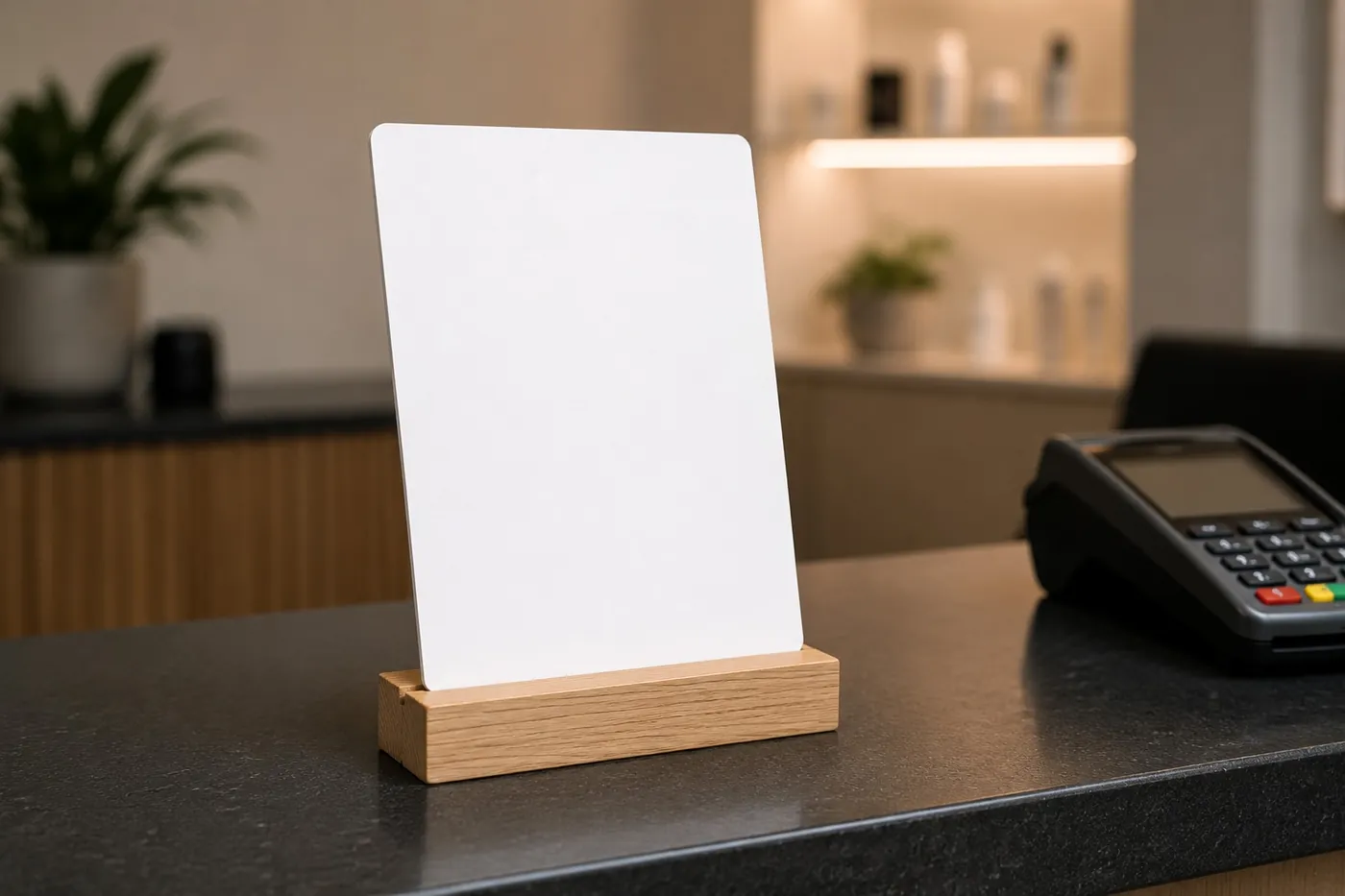 The review card on a reception counter beside a card machine
